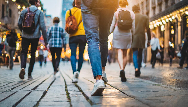 Dynamic urban pulse: Unseen faces stride purposefully in a bustling cityscape, emphasizing the rhythm of life through a focus on anonymous feet and legs