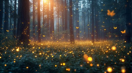 A swarm of fireflies creating a magical display of light in a mystical forest during the enchanting hours of twilight. Magical, forest - obrazy, fototapety, plakaty