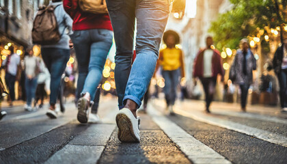 Dynamic urban pulse: Unseen faces stride purposefully in a bustling cityscape, emphasizing the rhythm of life through a focus on anonymous feet and legs - obrazy, fototapety, plakaty