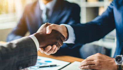 Professional handshake between businessmen symbolizing agreement and partnership in a corporate setting - obrazy, fototapety, plakaty