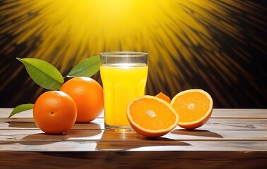 Naklejka premium A glass of orange juice with fresh orange garnish beside it. generative AI