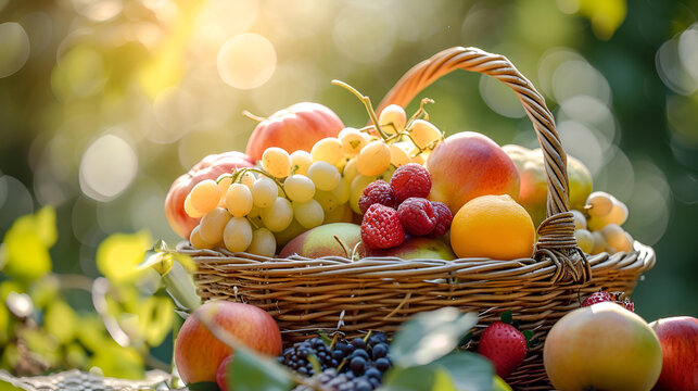 A basket of fresh fruit pictures under a warm morning, generative ai