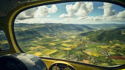 Vintage propeller plane with a window view of rolling green countryside and quaint farmhouses below