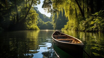 An adventurous river expedition framed by verdant rainforest foliage, as seen from the bow of a rustic canoe on a vibrant, sunny day