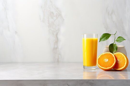 A glass of Orange juice with a fresh orange garnish on the side. generative AI