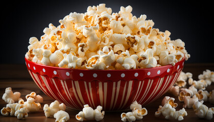 Fresh, buttered popcorn fills the yellow bowl at the movies generated by AI