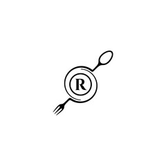 Restaurant logo template with concept image of plate, spoon, fork and letter R