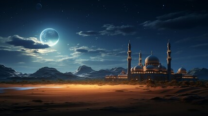 Obraz premium Serene moonlit desert scene with the mosque crafted from sandstone, stars twinkling above