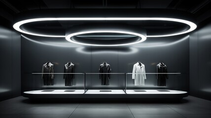 Minimalist space station boutique with garments floating in zero gravity, stark lighting against the void of space