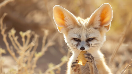 A photograph of a fennec fox enjoying a strip of bacon. Generative AI illustration 