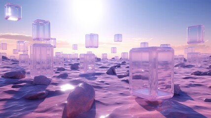 An ethereal collection of transparent cubes floating over an alien landscape, soft purples and blues creating a sense of otherworldliness