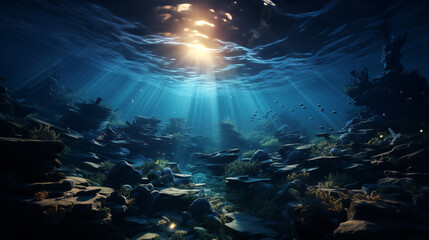 Fototapeta na wymiar Sunlight filters through the water, illuminating a school of fish above a rocky underwater landscape. 