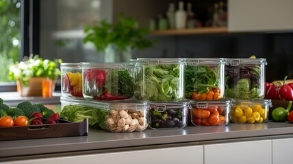 Sustainable kitchen concept with transparent containers filled with fresh, organic vegetables on a neutral countertop, emphasizing healthy eating