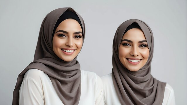 Portrait Of Happy Smiling Muslim Woman In A Modern Hijab Outfit, Modest Fashion For Arab Plain White Background From Generative AI