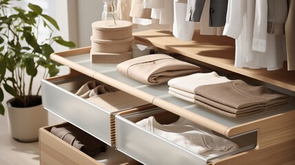 Stylish clothing storage solution, featuring a drawer with compartmentalized sections for assorted apparel, set in a light, scandinavian-inspired interior