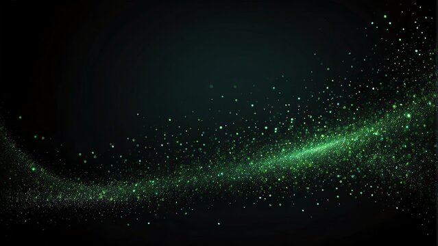Abstract of small green glitters shimmer dust shiny lights particles on plain black dark background from Generative AI