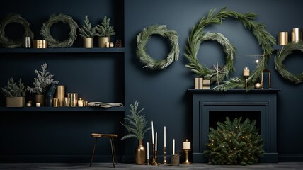 Minimalist yuletide display, spotlighting a simple, elegant wreath with soft-glowing fairy lights and natural accents, set against a stark navy wall, with plain brown-paper packages beside