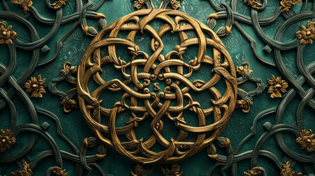 Fototapeta Celtic Pattern Background with Ornate Golden Design - Celtic Wood Sculptor Framing detailed Dark Emerald Foliage Wallpaper created with Generative AI Technology