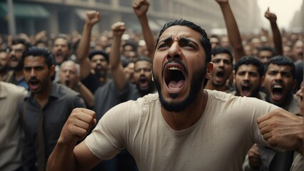 Enraged arab muslim male activist passionately shouts in the middle of a crowd during a demonstration protest a cause from Generative AI