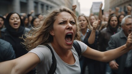 Enraged woke female activist passionately shouts in the middle of a crowd during a demonstration protest a cause from Generative AI - obrazy, fototapety, plakaty