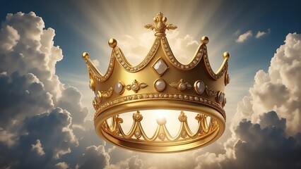 Golden crown in heavenly background of clouds symbol of glory, concept of triumph and victory from Generative AI