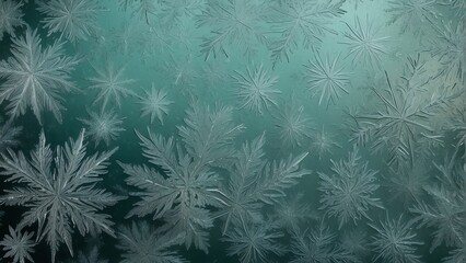 Ice crystal winter frost pattern on a green cold glass texture background from Generative AI