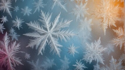 Ice crystal winter frost pattern on a colorful cold glass texture background from Generative AI