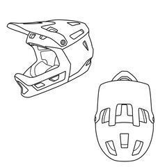 Technical sketch drawing of mountain bike helmet line art, top, and side view. flat sketch, isolated on a white background