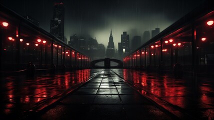 Moody noir film premiere scene, black and white with a splash of red from the carpet, under a rainy cityscape