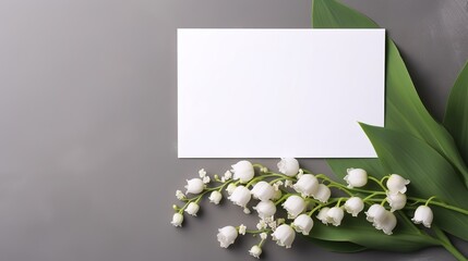 Blank wedding invitation card mockup with white lily of the valley flowers on grey background. Generative Ai