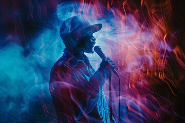 double exposure of rapper on stage