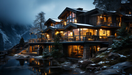 Obraz premium Winter night snow covered landscape, illuminated by moonlight generated by AI