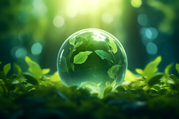 Earth Day concept, environmental green sphere background with leaves and leafy branches, World Environment Day, Environmental Conservation Concept, Glass Globe - obrazy, fototapety, plakaty