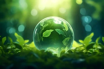 Fotobehang Earth Day concept, environmental green sphere background with leaves and leafy branches, World Environment Day, Environmental Conservation Concept, Glass Globe © MstParul