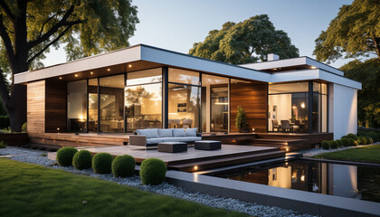 Luxury modern architecture illuminated by twilight reflection generated by AI