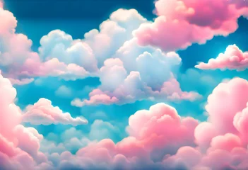 Fotobehang sky illustration with fluffy and colorful clouds. blue and pink clouds, blue sky. art for children's themes, fantasy, ludic © larissa galles