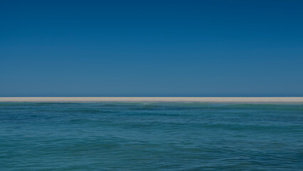 Obraz premium Minimalistic seascape. Turquoise ocean, clear blue sky and a strip of white sand beach in the middle. Nobody. Copy Space. Madagascar idyll. Nosy Iranja 