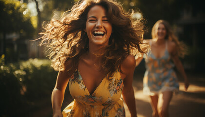 Smiling young women enjoy carefree summer outdoors generated by AI