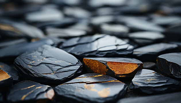 Abstract dark background with shiny yellow candy pebbles stacked generated by AI