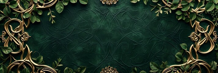 Celtic Pattern Background with Ornate Golden Design - Celtic Wood Sculptor Framing detailed Dark Emerald Foliage Wallpaper created with Generative AI Technology - obrazy, fototapety, plakaty