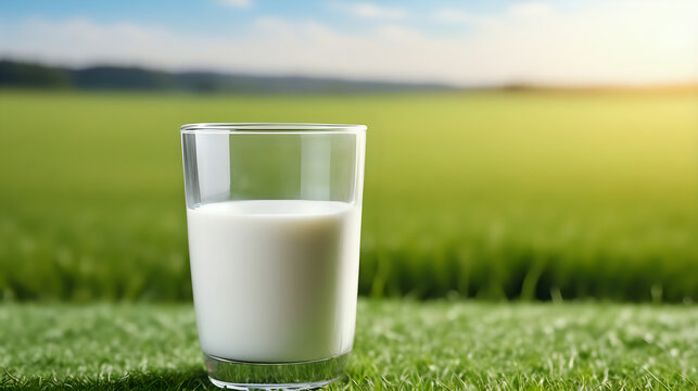 glass of milk on field background, copy space