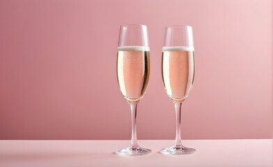 Two champagne glasses on a simplesoft pink background, Valentine's Day, Christmas. Generative AI