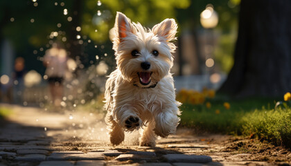 Cute terrier puppy running outdoors, enjoying summer fun generated by AI