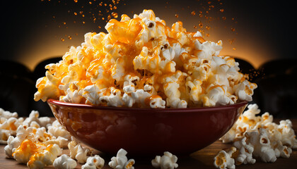 Freshly popped corn in a yellow bowl, perfect movie snack generated by AI