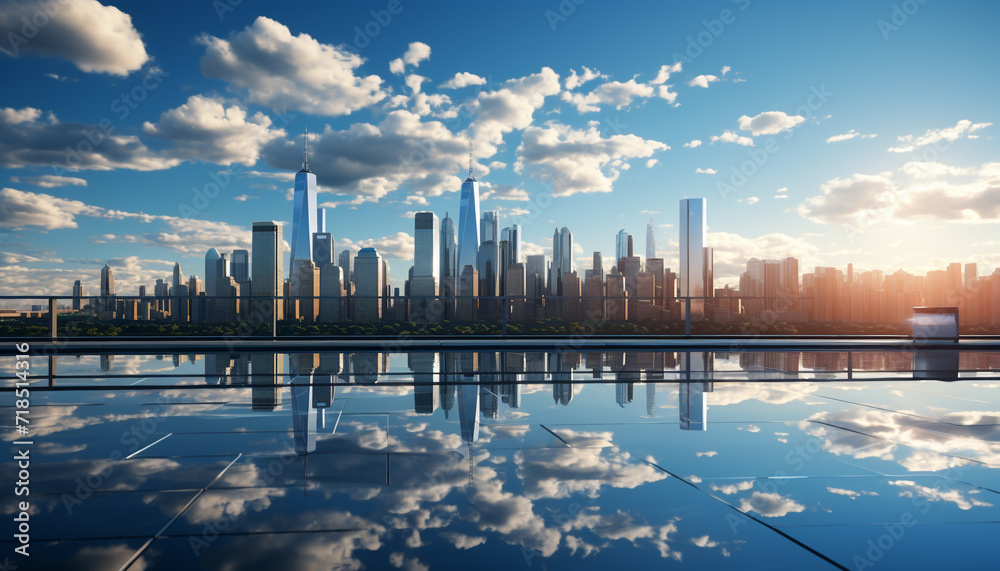 Poster Modern city skyline reflects on the calm water generated by AI