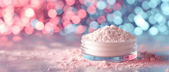 Face Powder for cosmetic ad on bokeh background. Makeup Product Advertisement. - obrazy, fototapety, plakaty