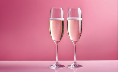 Two champagne glasses on a simplesoft pink background, Valentine's Day, Christmas. Generative AI