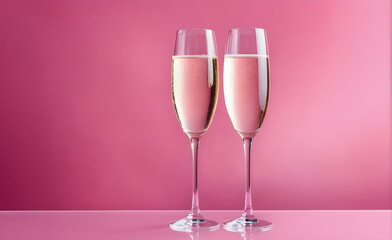 Two champagne glasses on a simplesoft pink background, Valentine's Day, Christmas. Generative AI