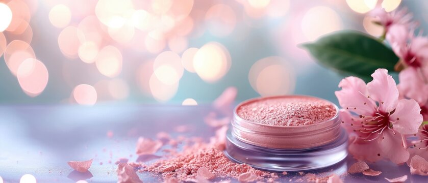 Face Powder for cosmetic ad on bokeh background. Makeup Product Advertisement.