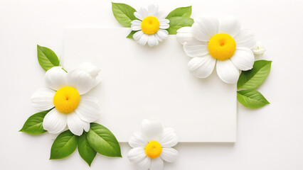 Obraz premium white daisies and green leaves are arranged around a white square